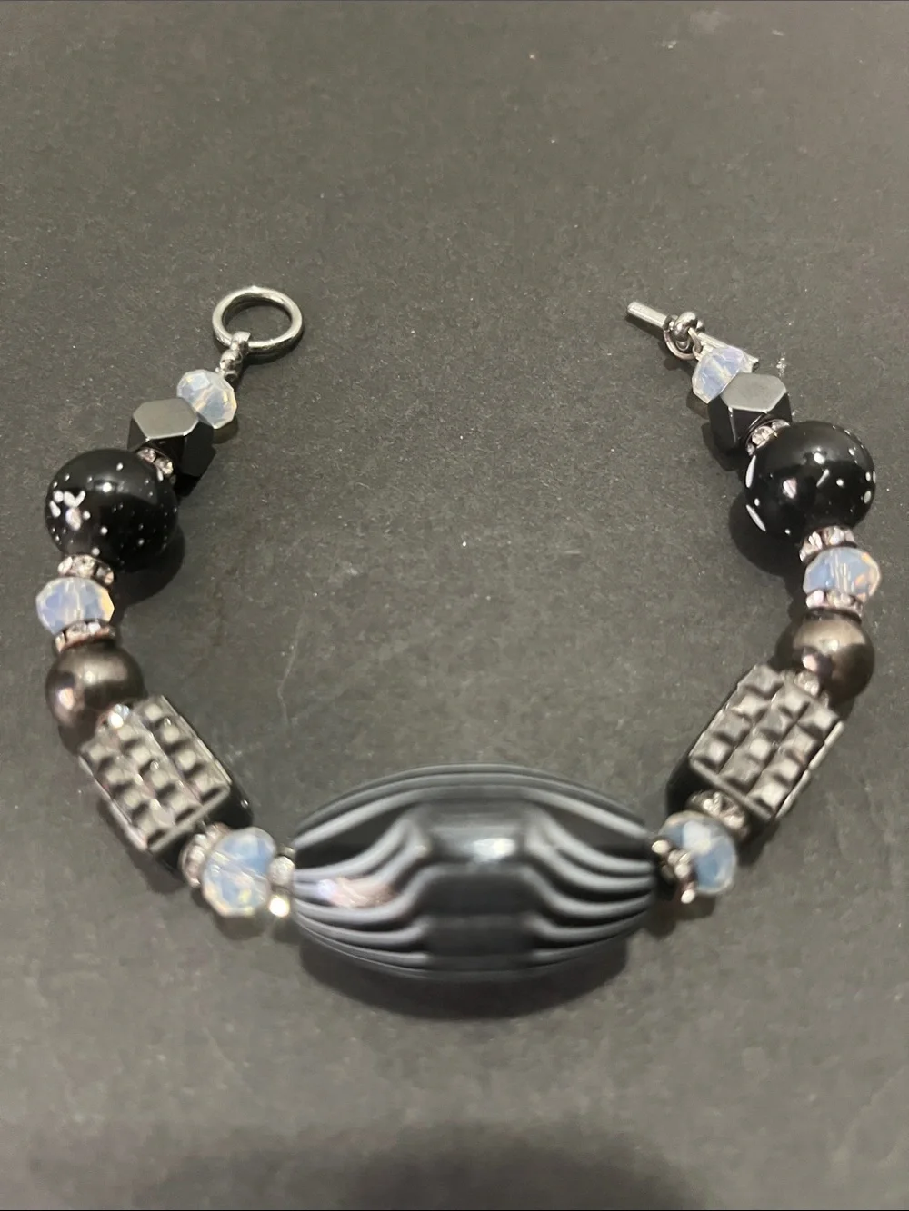 Handcrafted Black Bead Bracelet with Iridescent Accents